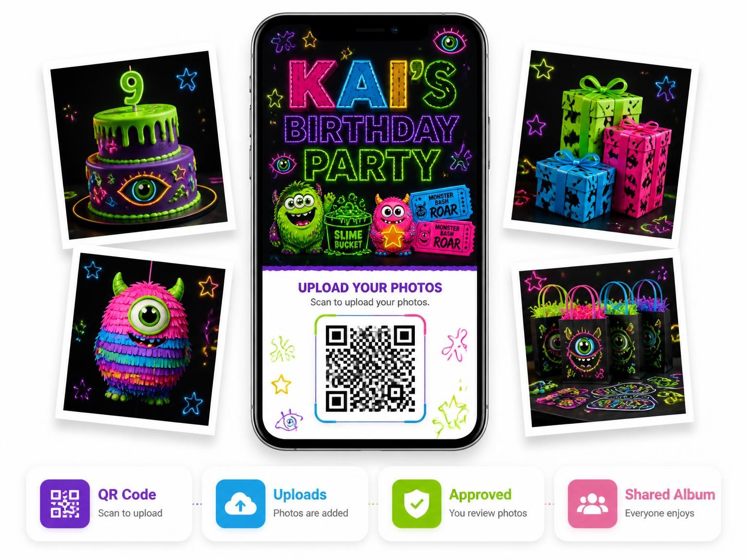 The shared photo gallery that comes with the Neon Monster 9th Birthday Invitation invitation