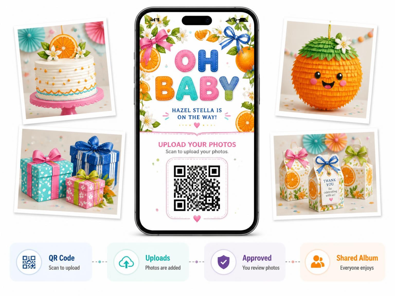 The shared photo gallery that comes with the Citrus Floral Baby Shower Invitation invitation