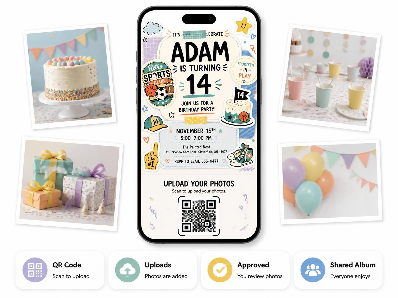 The shared photo gallery that comes with the Sports Badge Pastel 14th Birthday Invitation invitation