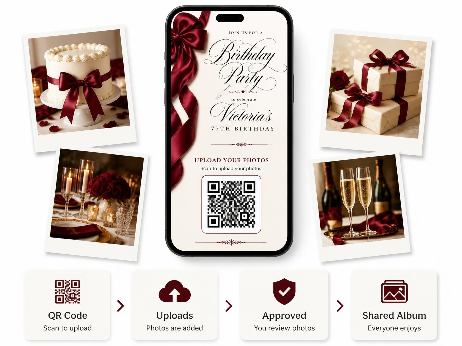 The shared photo gallery that comes with the Burgundy Satin Bow 77th Birthday Invitation invitation