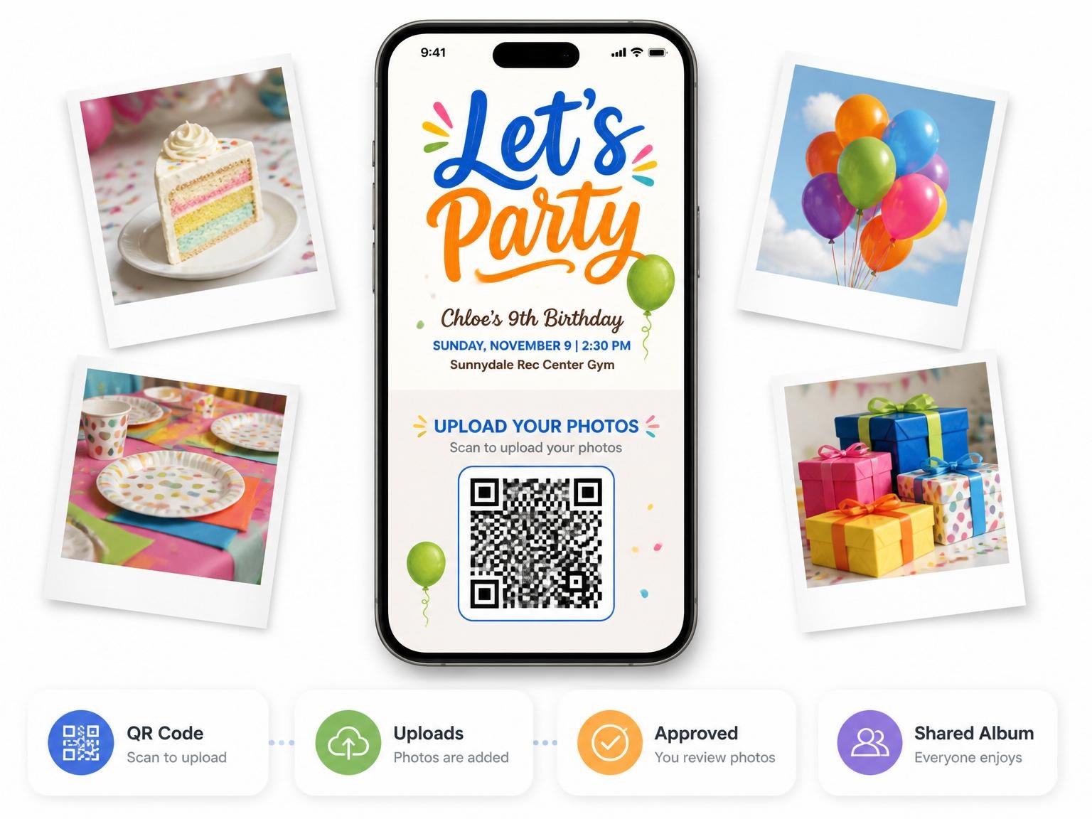 The shared photo gallery that comes with the Colorful Hand-Lettered 9th Birthday Party Invitation invitation