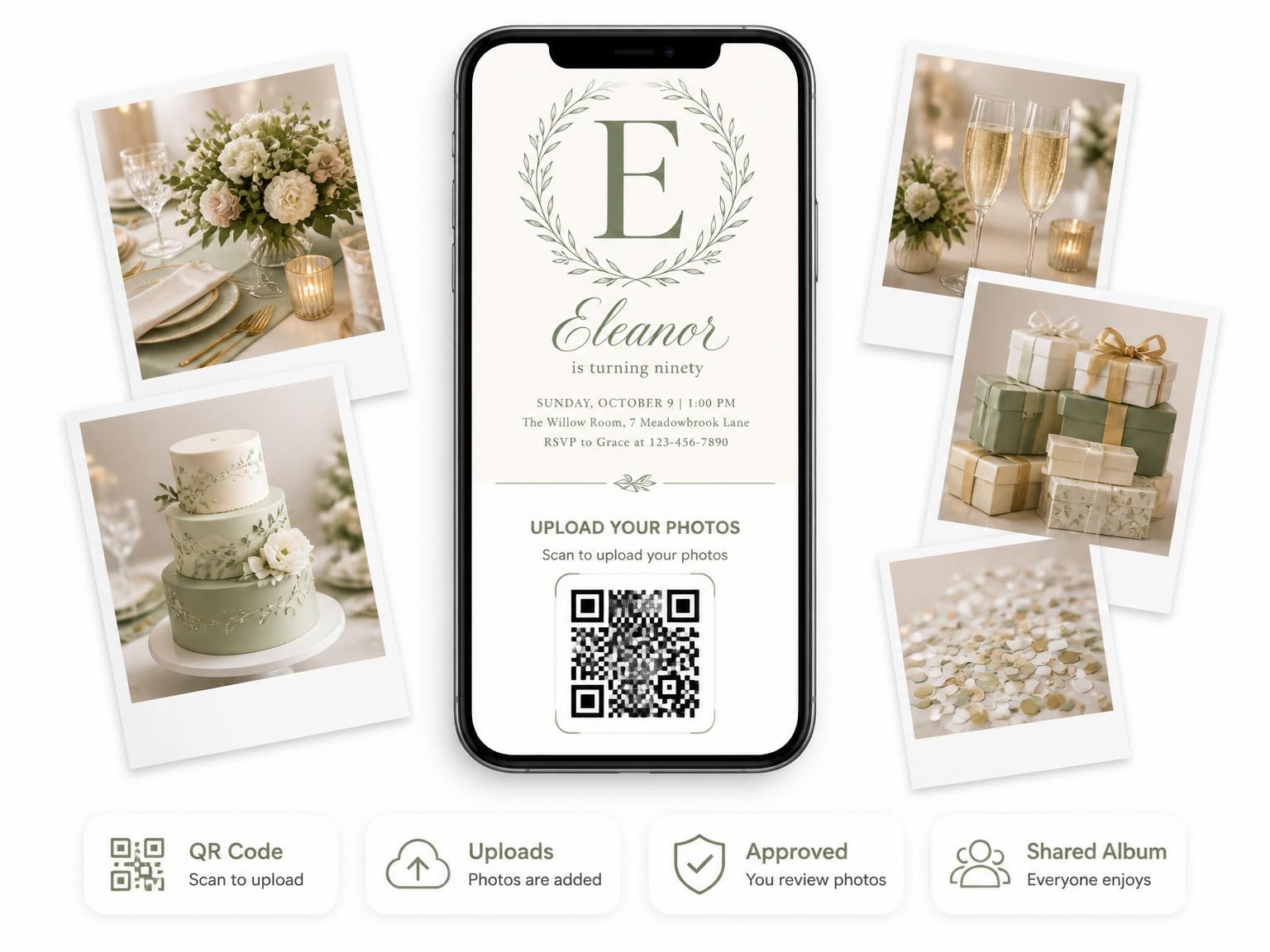 The shared photo gallery that comes with the Cream Olive Branch Milestone Birthday invitation