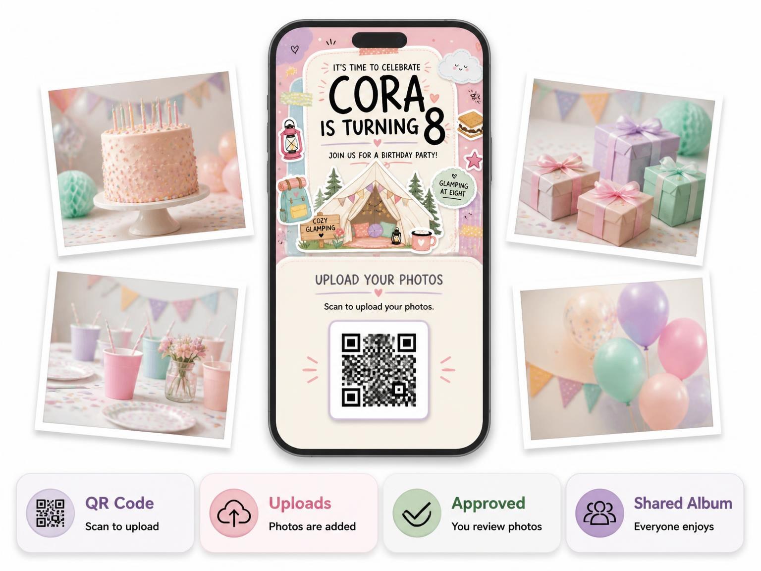 The shared photo gallery that comes with the Glamping Tent Pastel 8th Birthday Invitation invitation