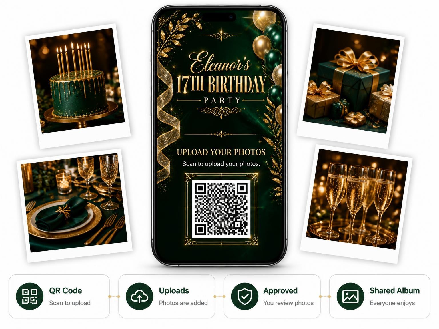 The shared photo gallery that comes with the Emerald and Champagne 17th Birthday Invitation invitation