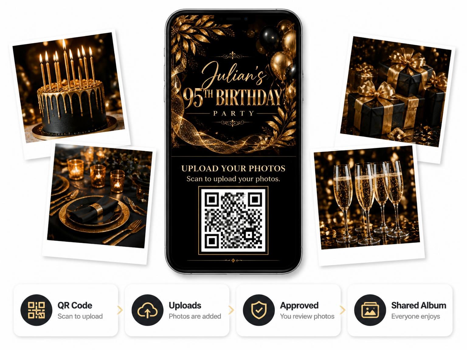 The shared photo gallery that comes with the Black and Gold 95th Birthday Invitation invitation