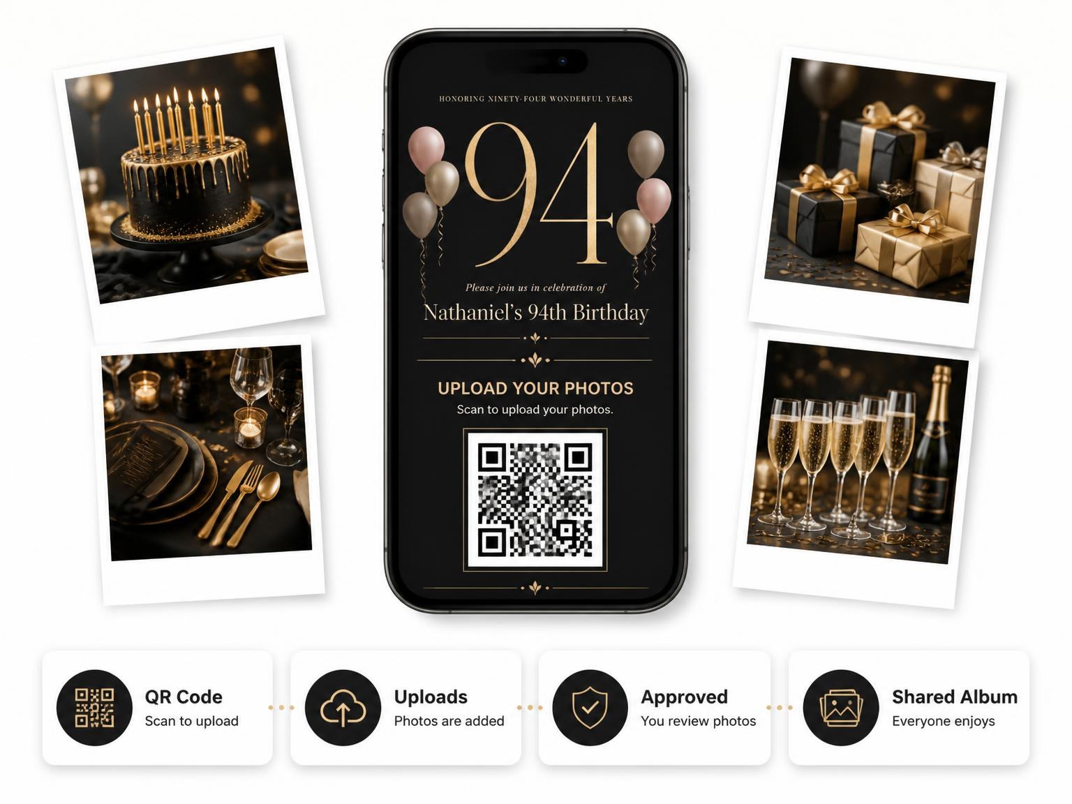 The shared photo gallery that comes with the Charcoal and Blush 94th Birthday Invitation invitation