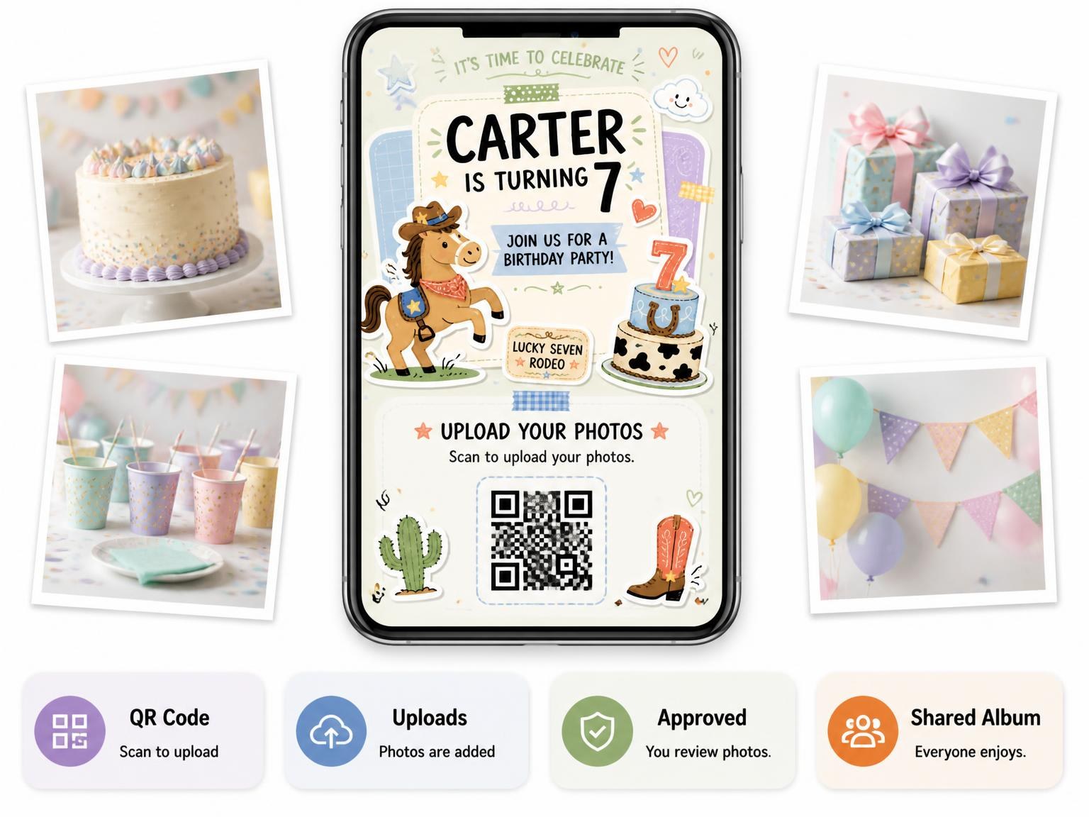 The shared photo gallery that comes with the Cowboy Horse Pastel 7th Birthday Invitation invitation