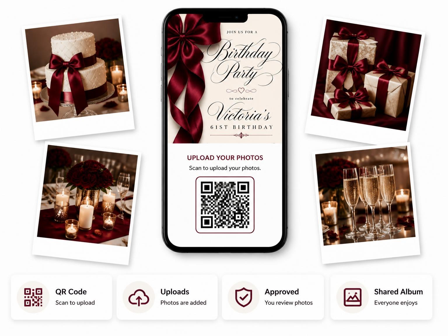 The shared photo gallery that comes with the Burgundy Satin Bow 61st Birthday Invitation invitation