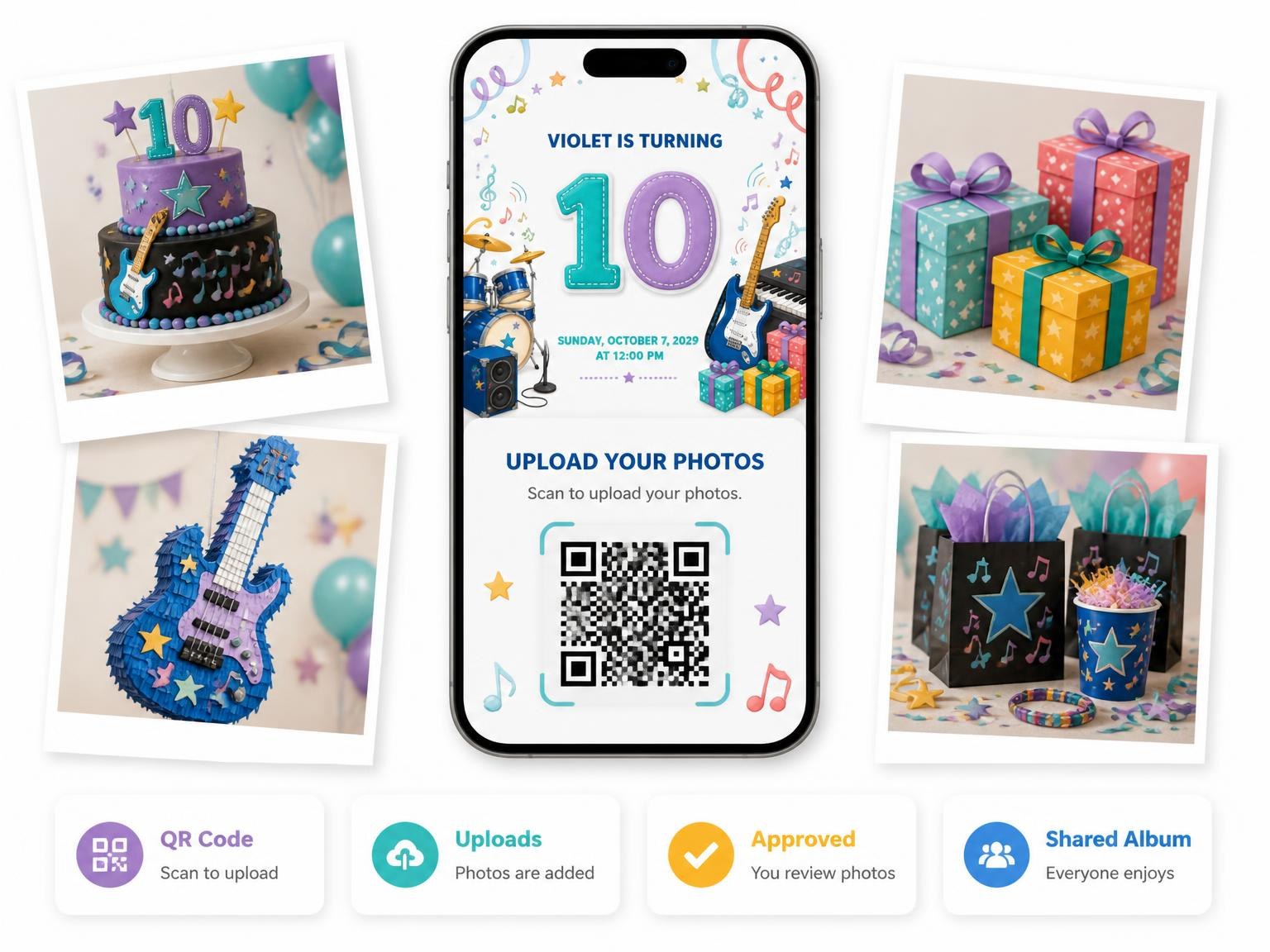 The shared photo gallery that comes with the Stitched Rock Star 10th Birthday Invitation invitation