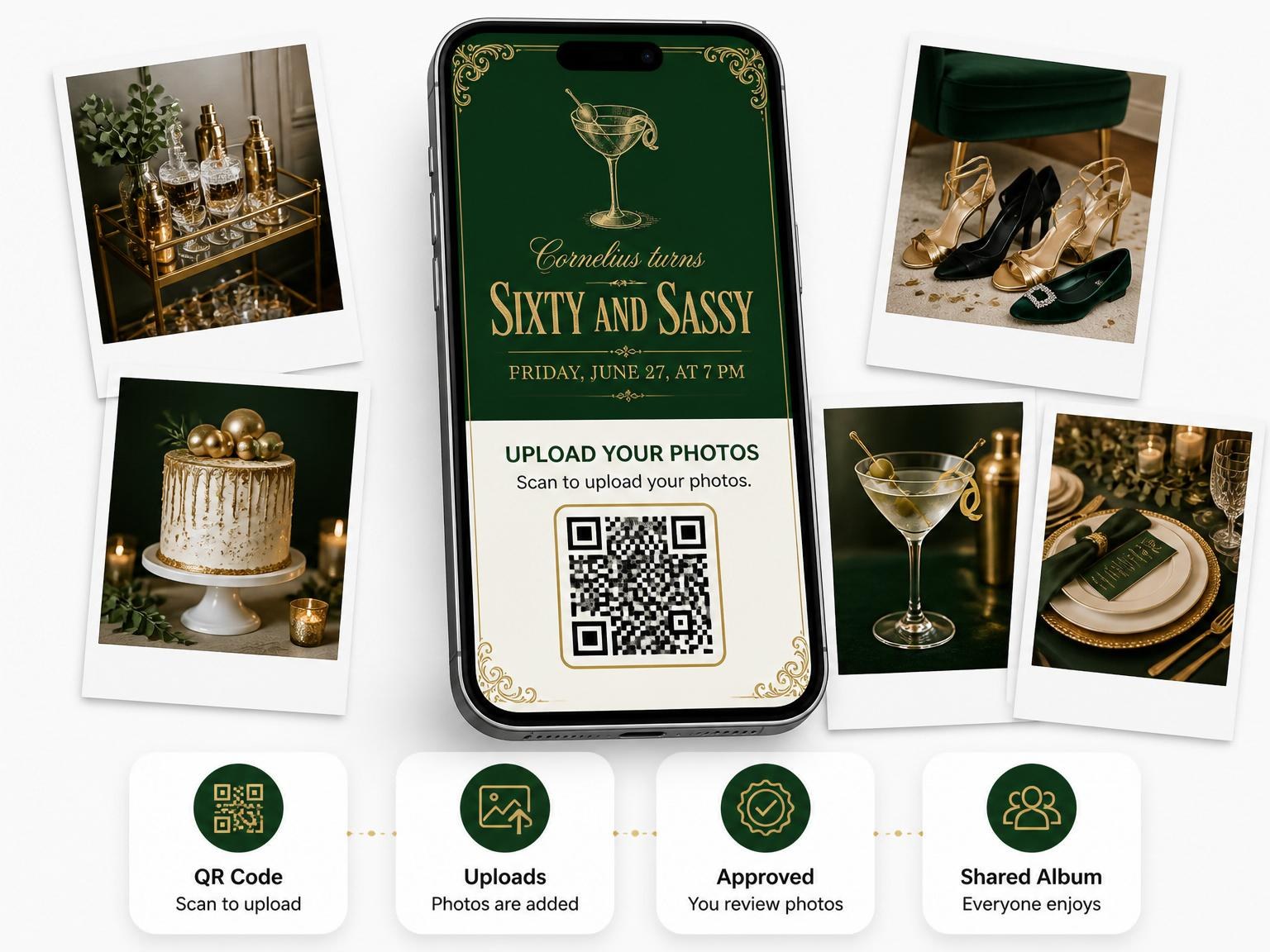 The shared photo gallery that comes with the Forest Green Gold Martini 60th Birthday invitation