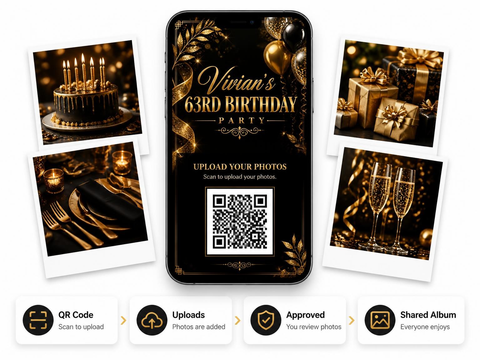 The shared photo gallery that comes with the Black and Gold 63rd Birthday Invitation invitation