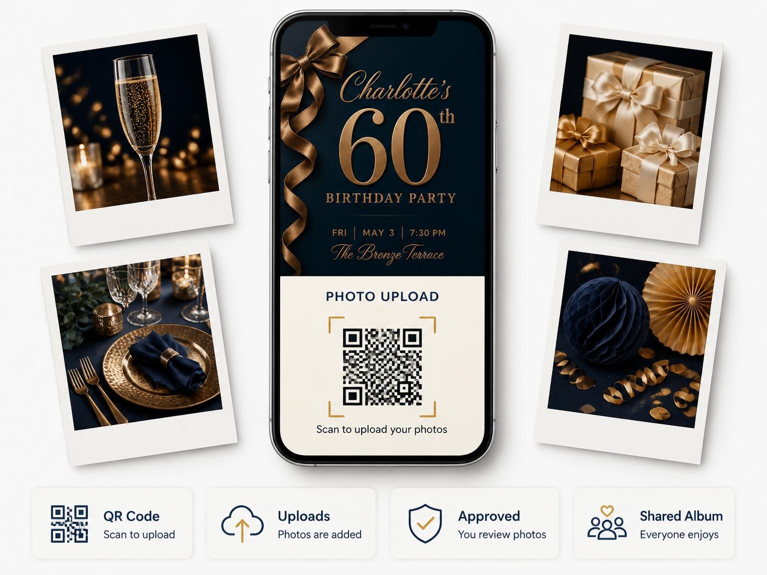 The shared photo gallery that comes with the Navy Gold Ribbon 60th Birthday invitation