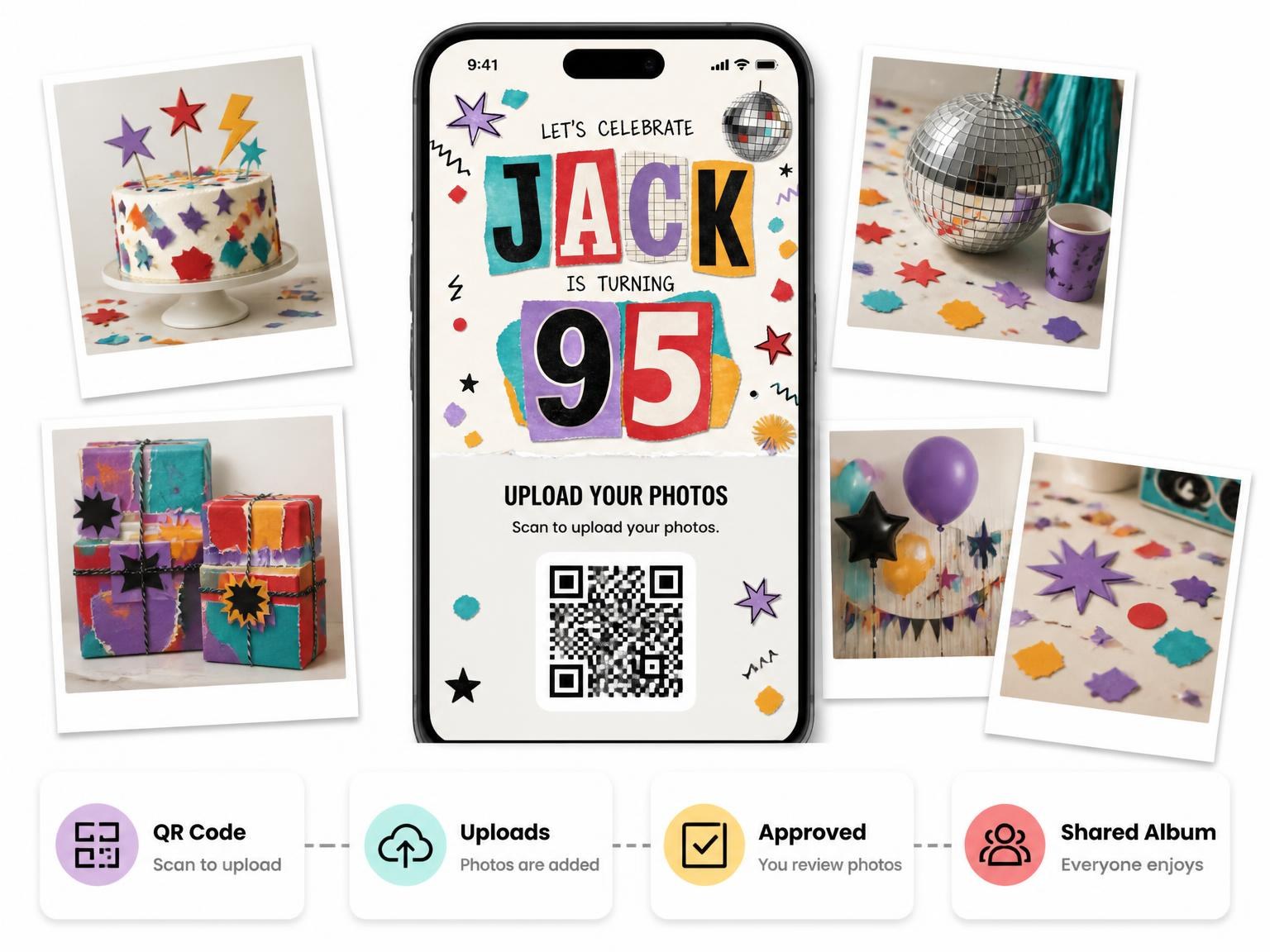 The shared photo gallery that comes with the Retro Paper Collage 95th Birthday Invitation invitation
