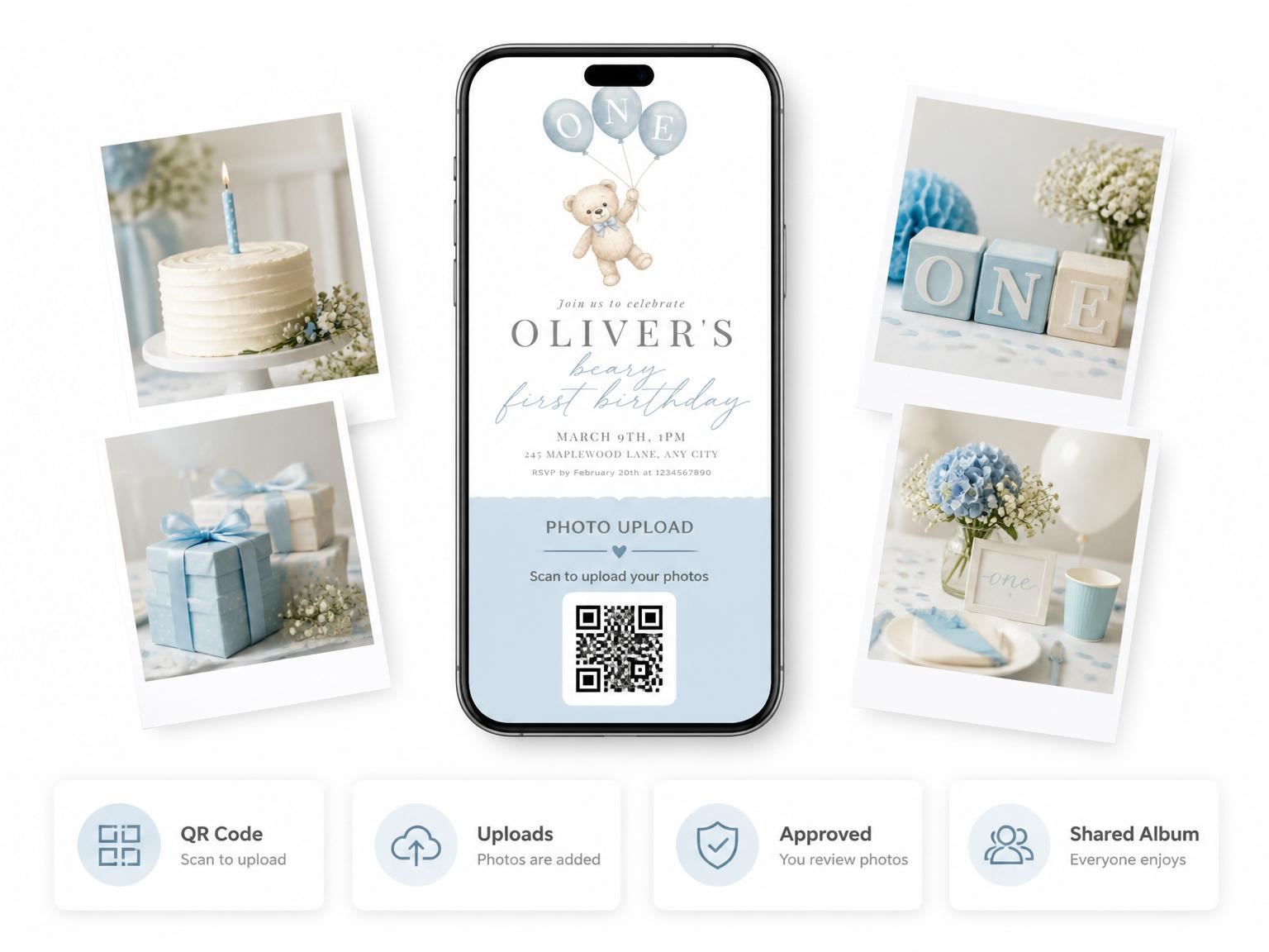 The shared photo gallery that comes with the Sweet Teddy Bear First Birthday Invitation invitation