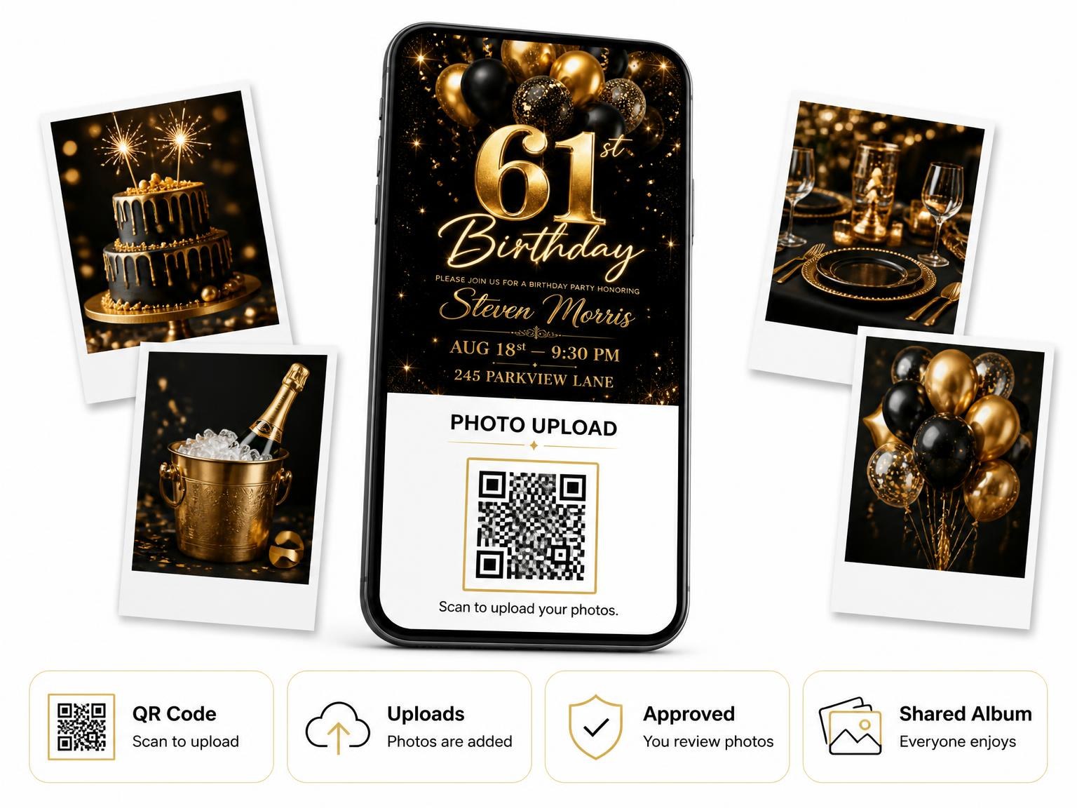 The shared photo gallery that comes with the Black and Gold Balloon 61st Birthday invitation