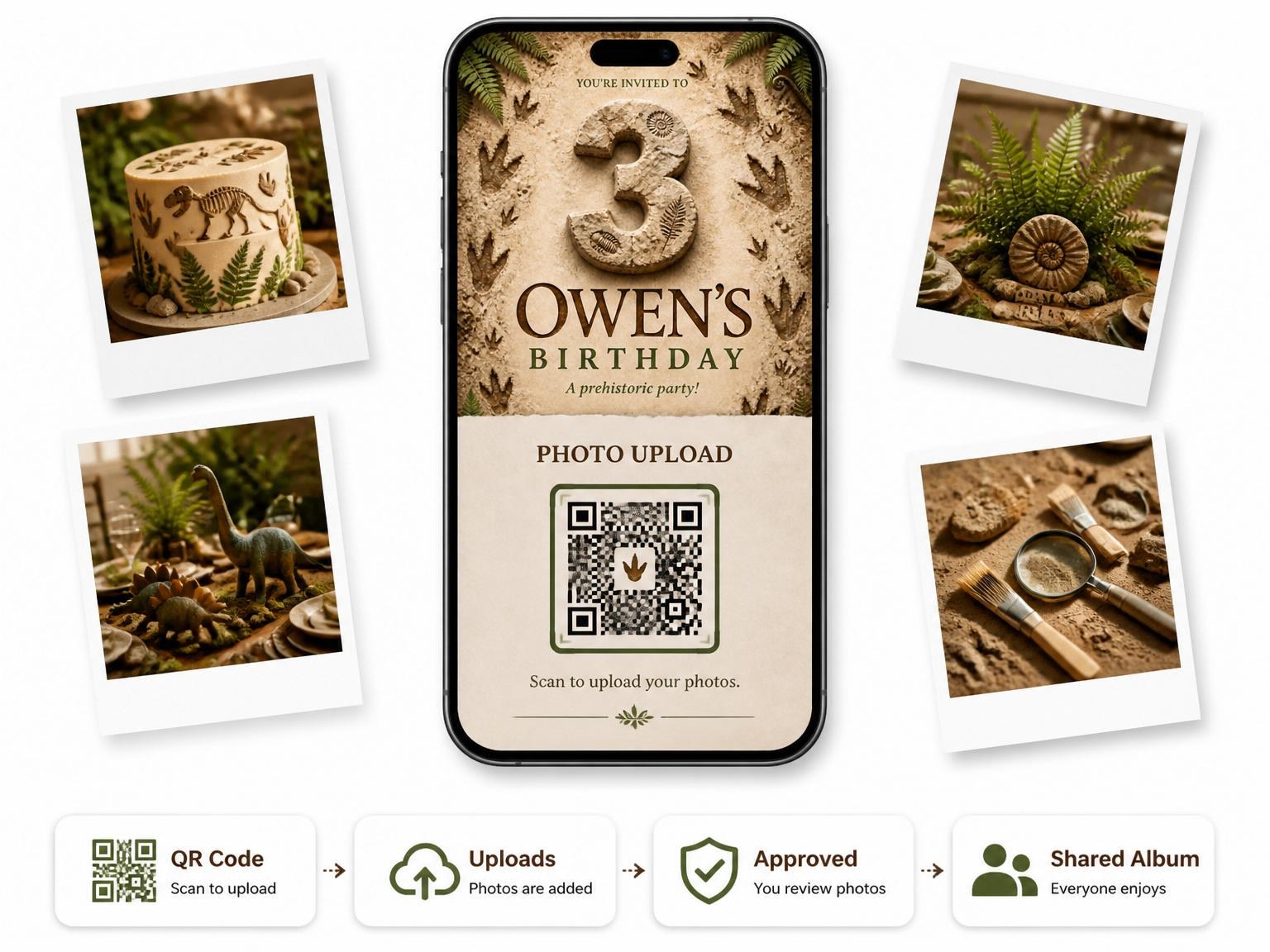The shared photo gallery that comes with the Stone Fossil Print 3rd Birthday invitation
