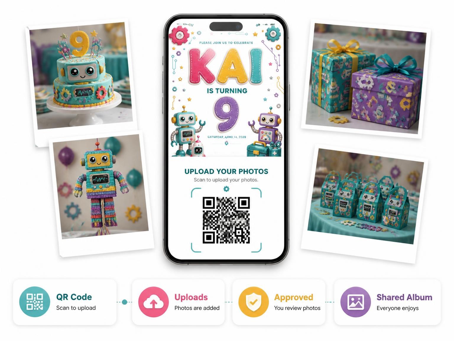 The shared photo gallery that comes with the Stitched Robot 9th Birthday Invitation invitation