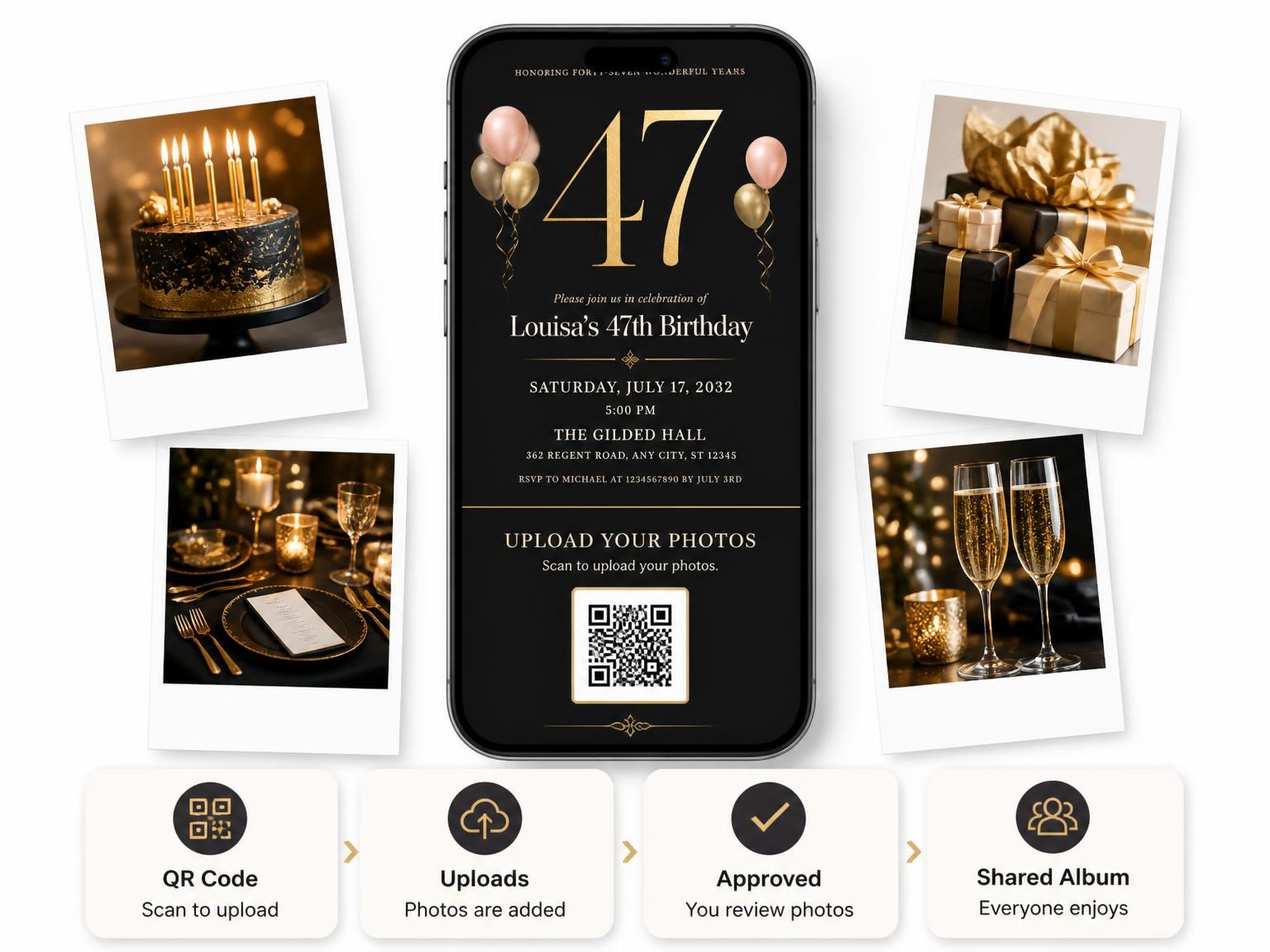 The shared photo gallery that comes with the Charcoal and Blush 47th Birthday Invitation invitation