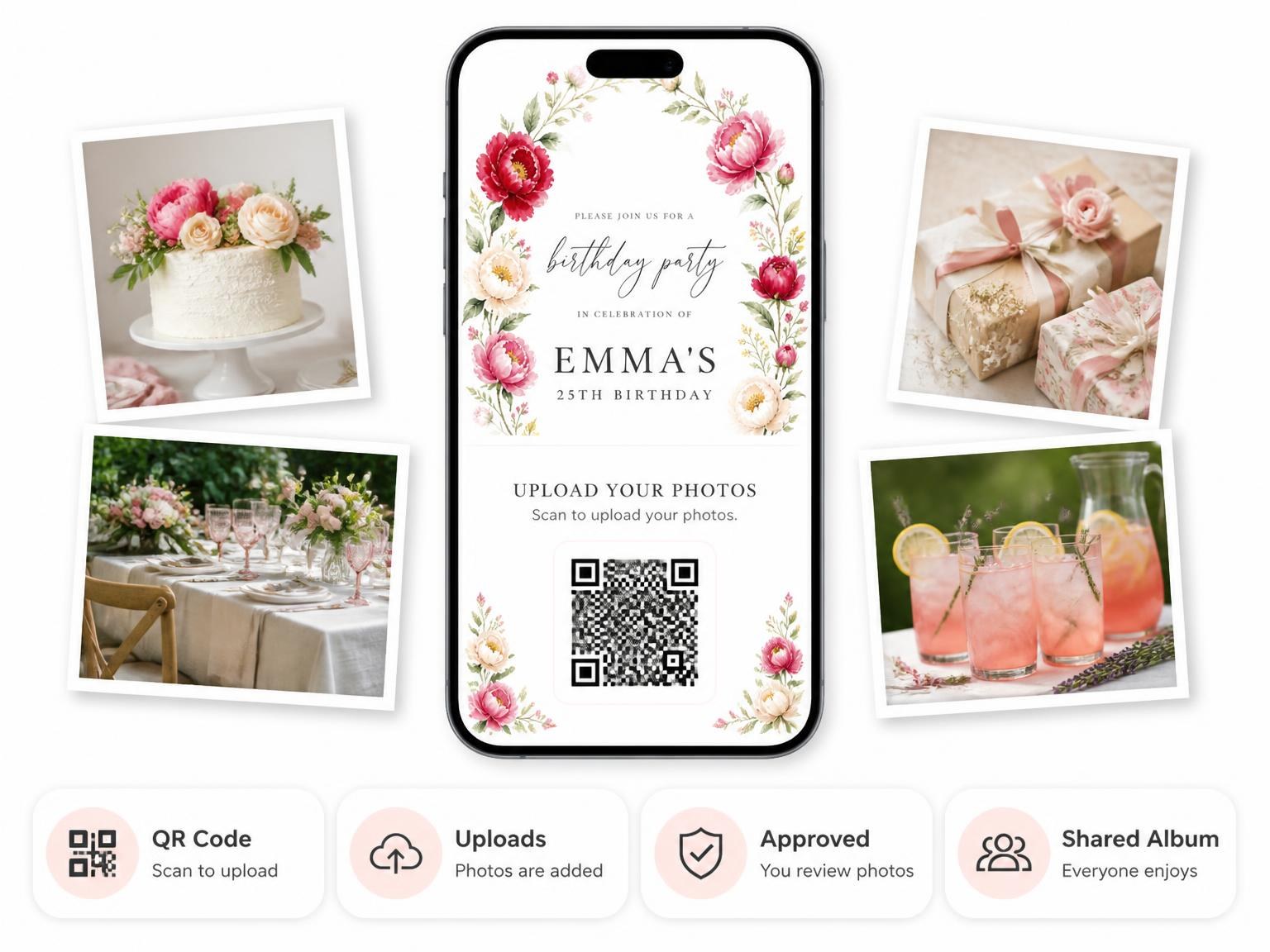 The shared photo gallery that comes with the Scarlet Peony Wreath 25th Birthday Invitation invitation