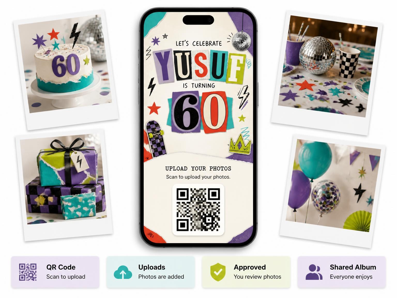 The shared photo gallery that comes with the Retro Paper Collage 60th Birthday Invitation invitation