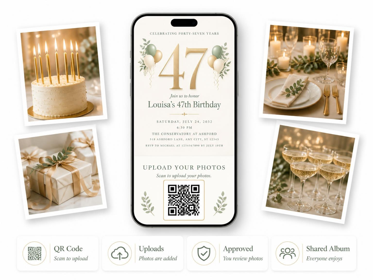 The shared photo gallery that comes with the Sage and Ivory 47th Birthday Invitation invitation