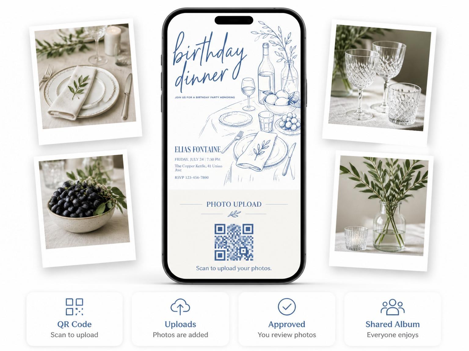 The shared photo gallery that comes with the Navy Line-Art Birthday Dinner Invitation invitation