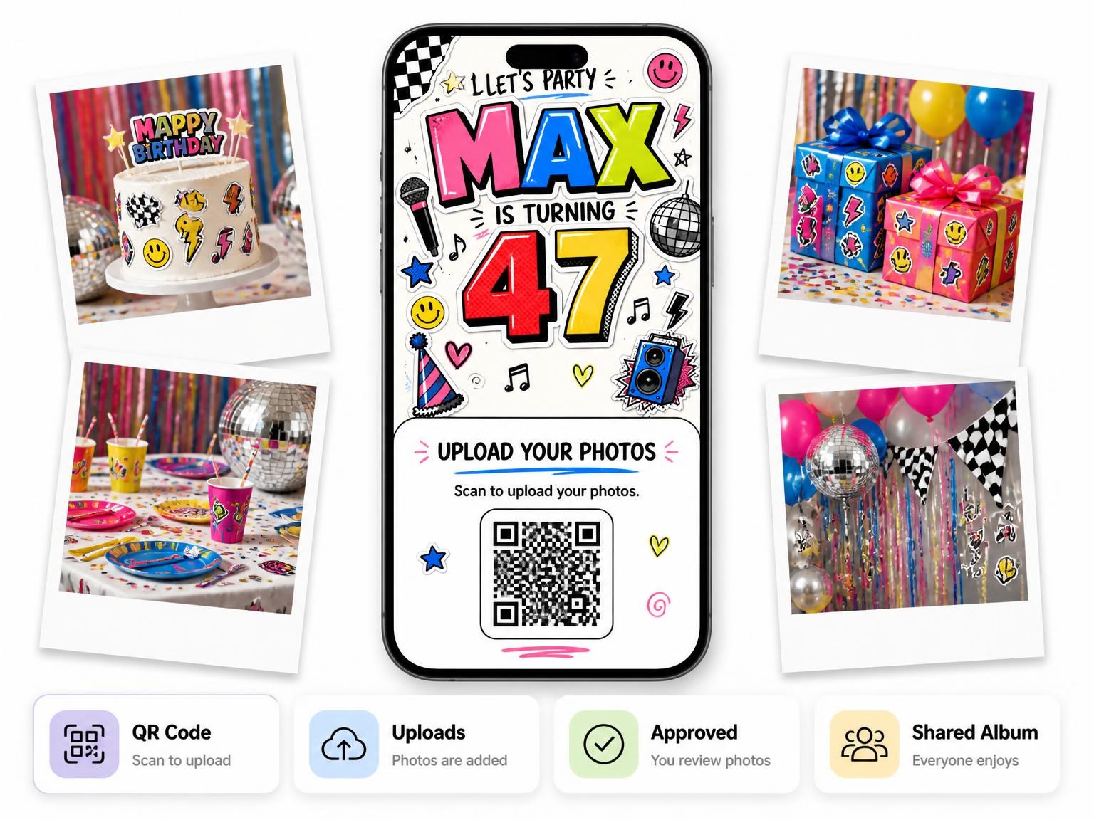The shared photo gallery that comes with the Sticker Pop 47th Birthday Invitation invitation