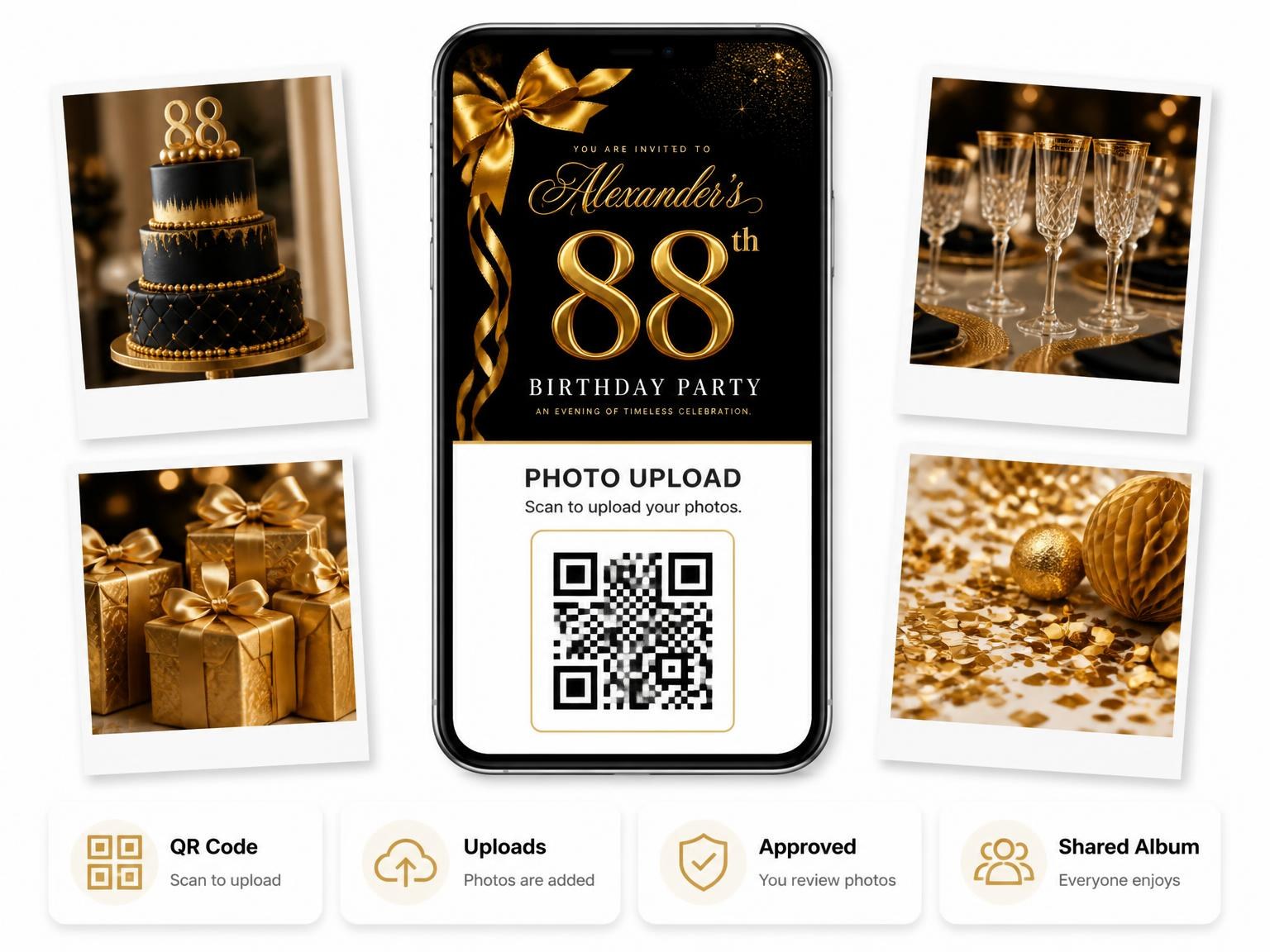 The shared photo gallery that comes with the Black and Gold Ribbon 88th Birthday invitation