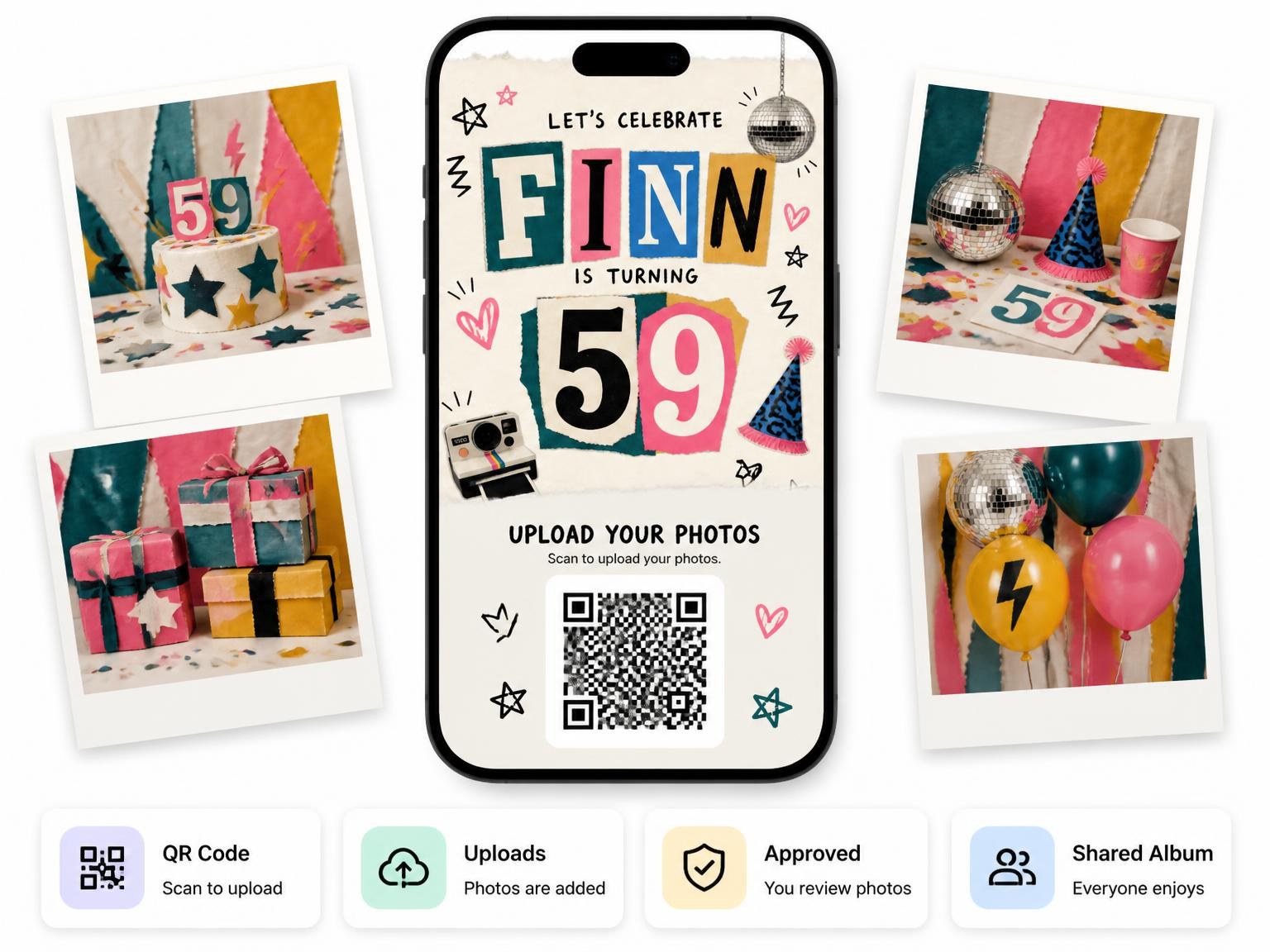 The shared photo gallery that comes with the Retro Paper Collage 59th Birthday Invitation invitation