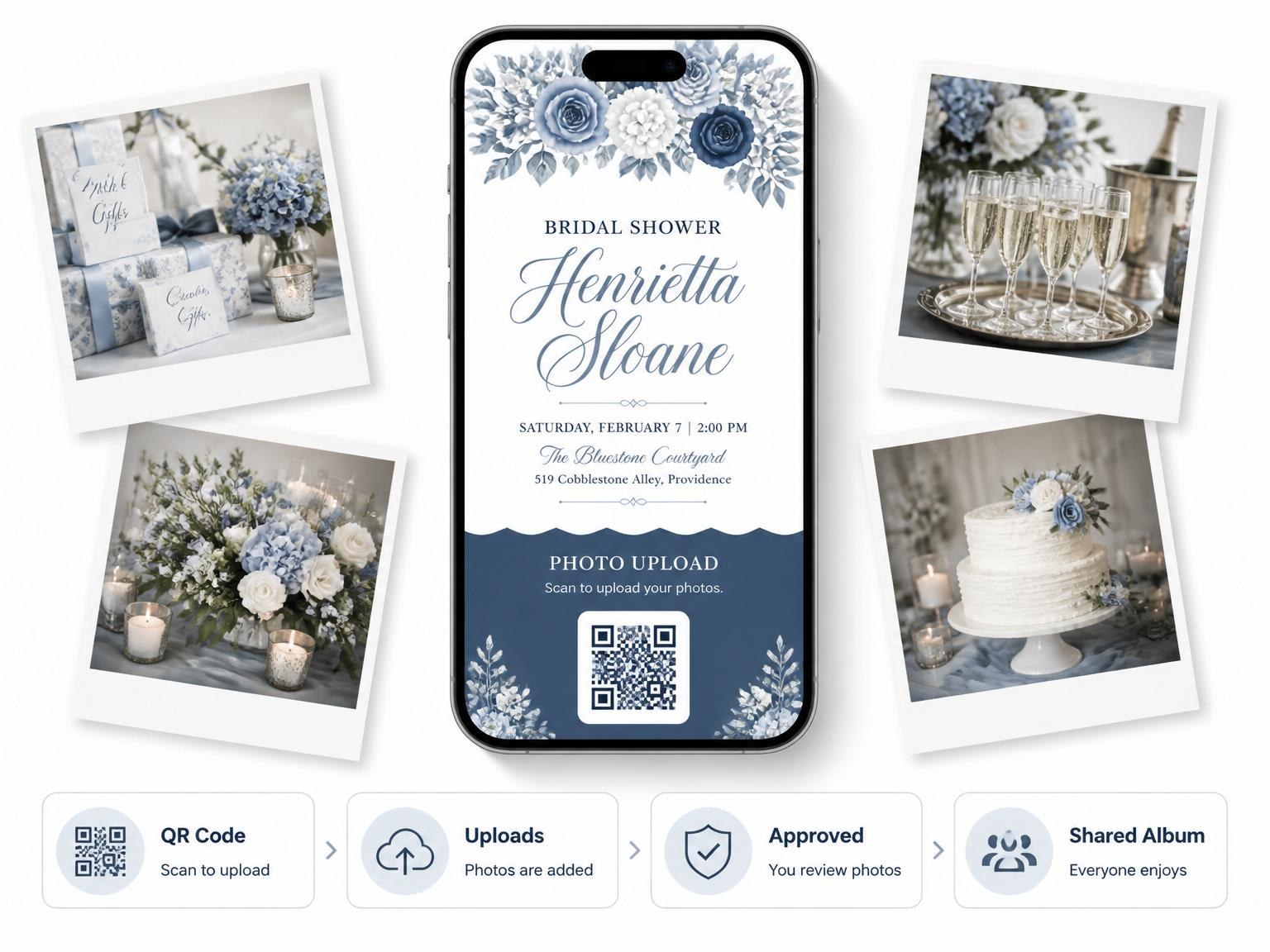 The shared photo gallery that comes with the Navy Dusty Blue Floral Bridal Shower invitation