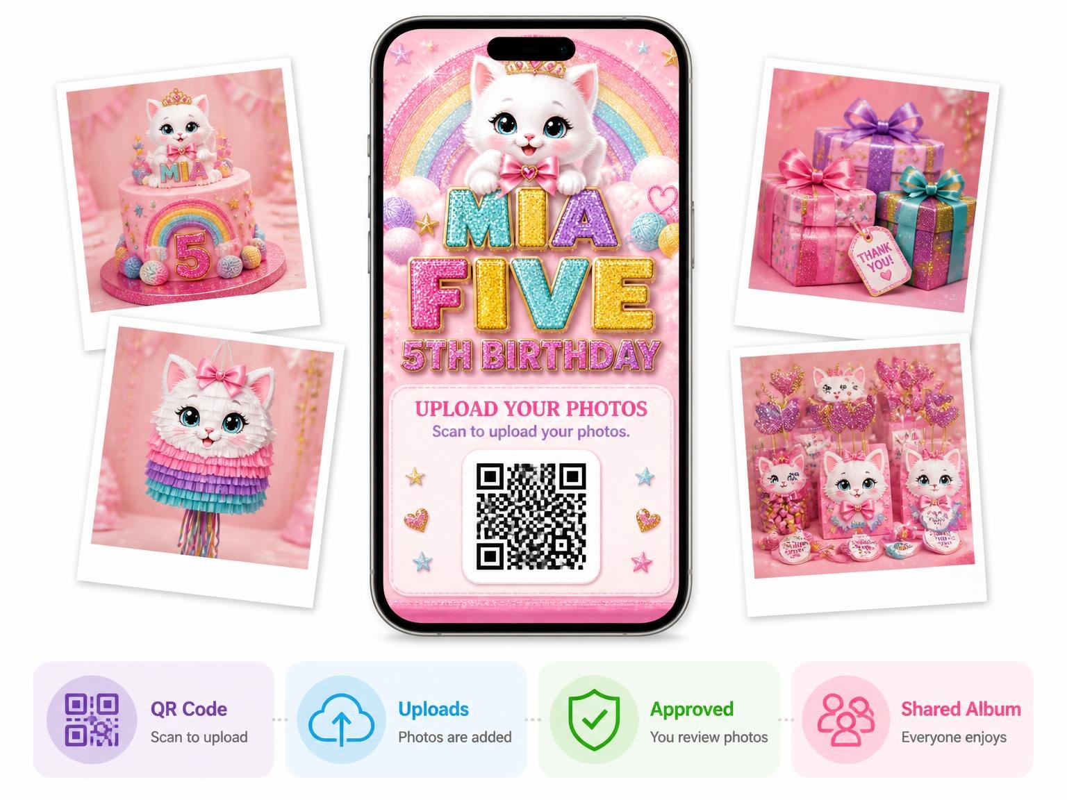 The shared photo gallery that comes with the Glitter Kitty Cat 5th Birthday Invitation invitation