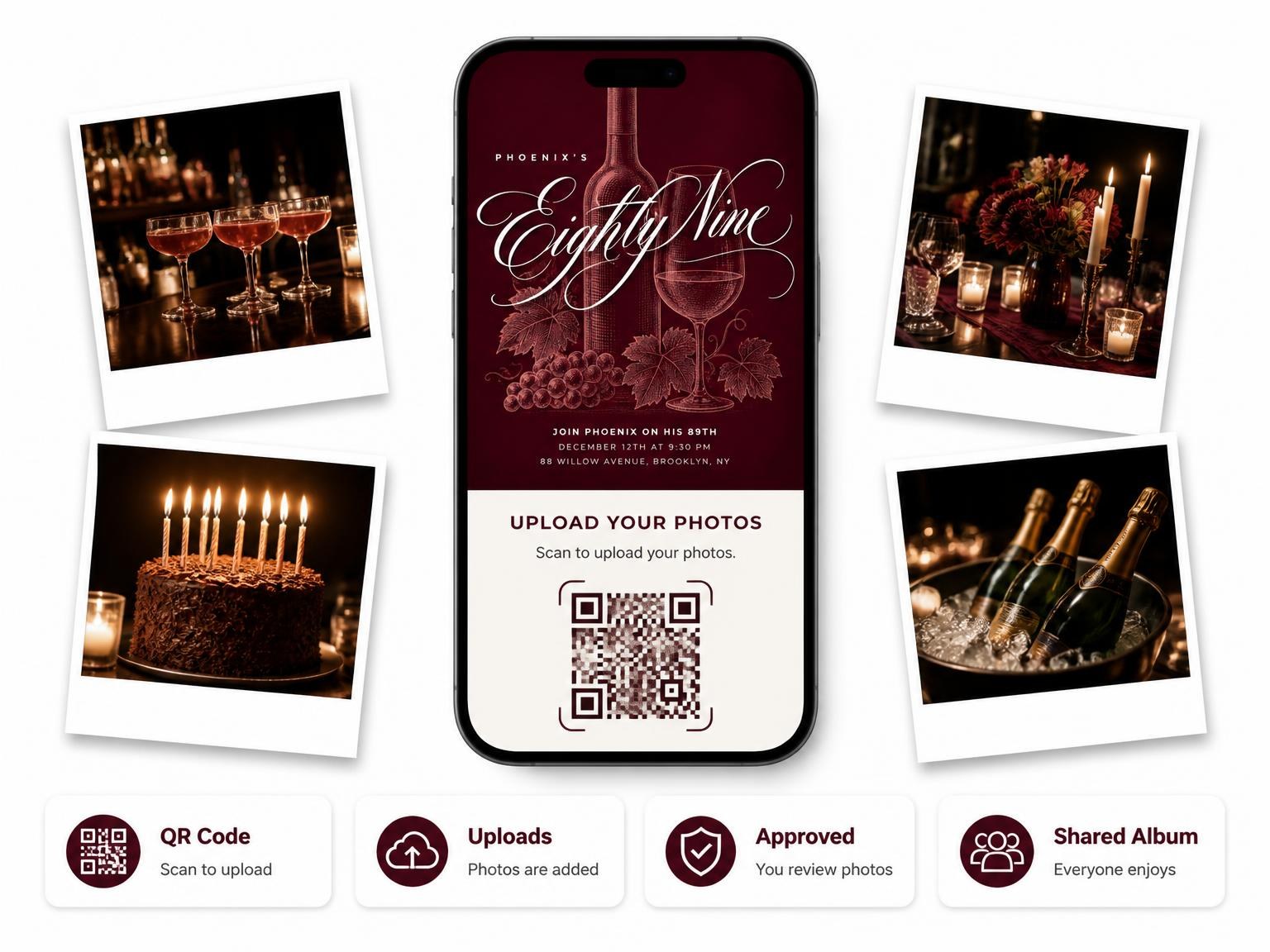 The shared photo gallery that comes with the Burgundy Cocktail 89th Birthday Invitation invitation