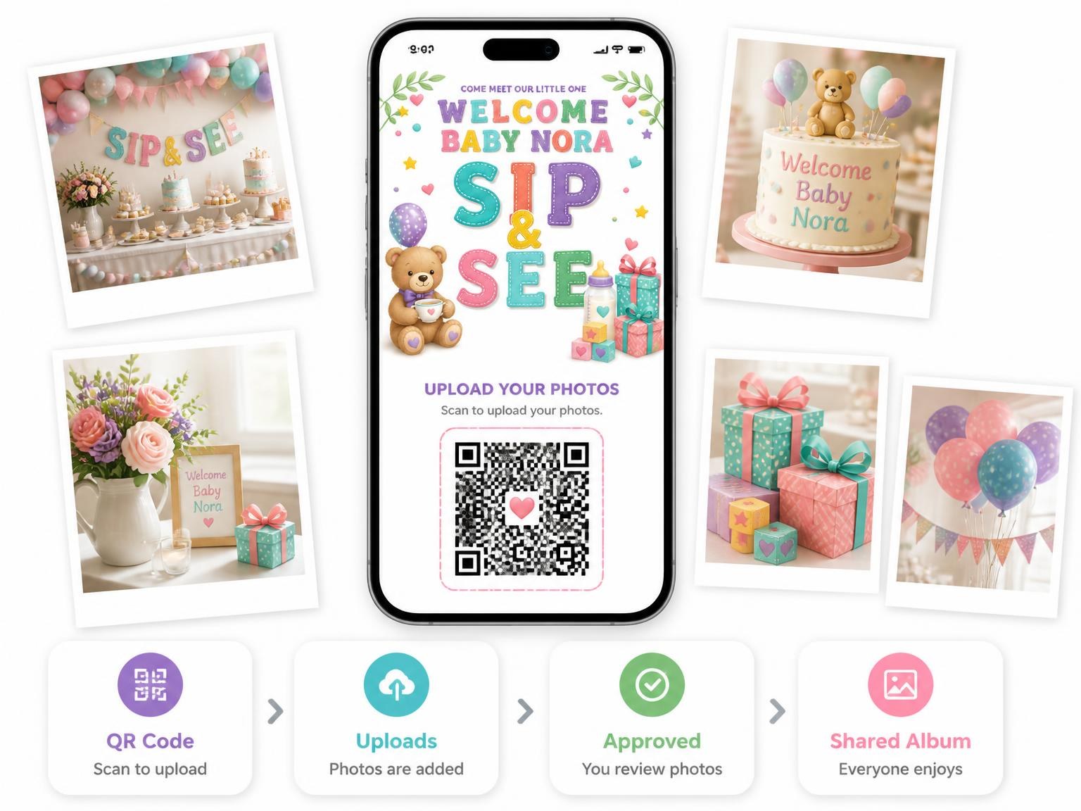 The shared photo gallery that comes with the Baby Bottle Sip and See Invitation invitation