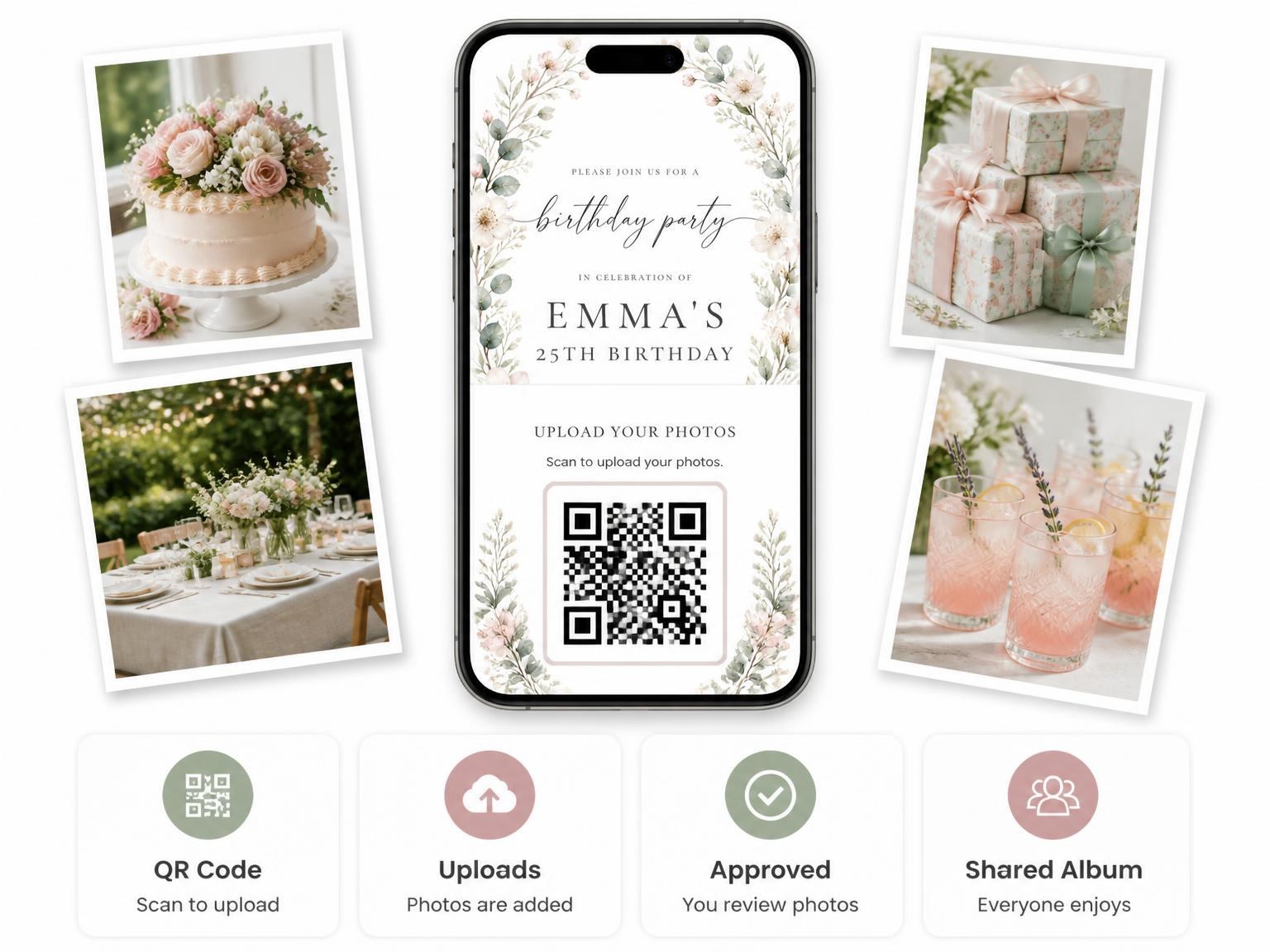 The shared photo gallery that comes with the Ivory Pink Blossom Wreath 25th Birthday Invitation invitation