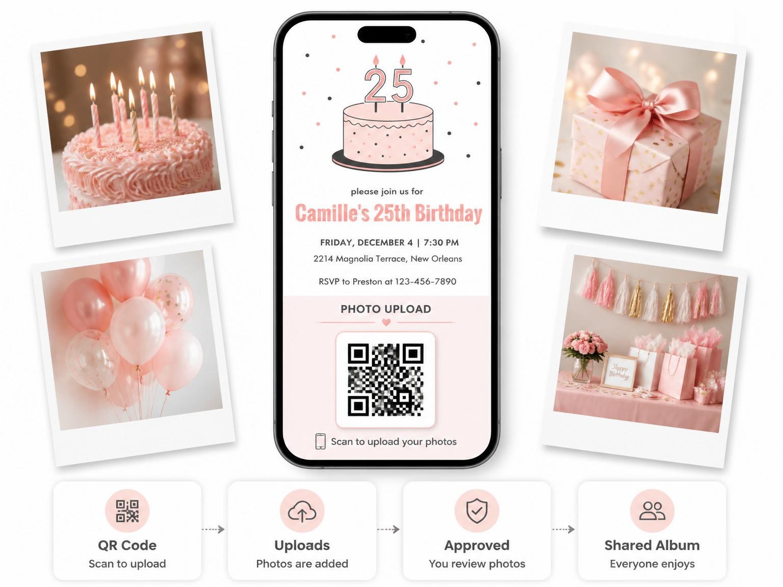 The shared photo gallery that comes with the Pink Minimalist Cake 25th Birthday invitation