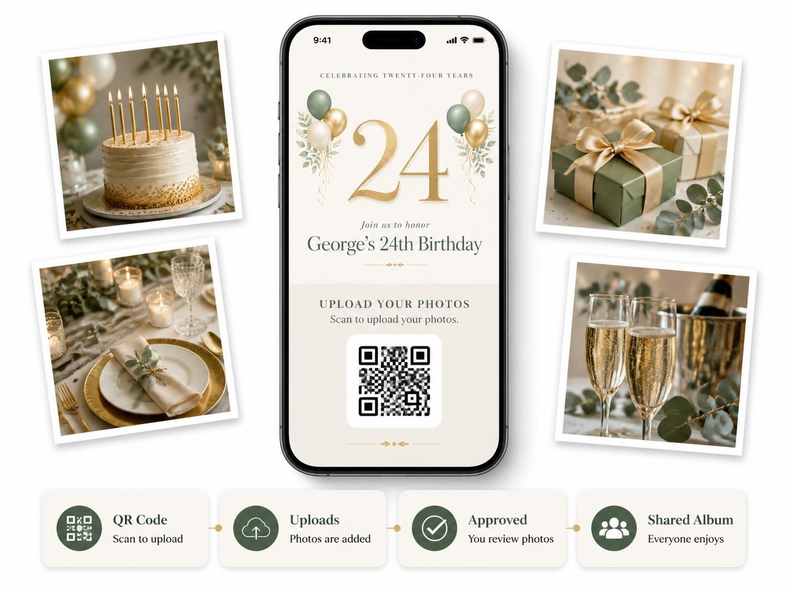 The shared photo gallery that comes with the Sage and Ivory 24th Birthday Invitation invitation
