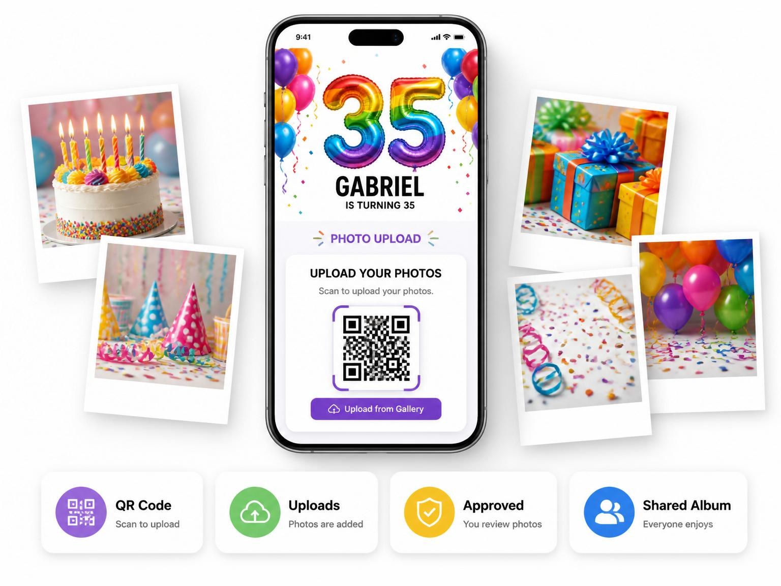The shared photo gallery that comes with the Rainbow Balloon 35th Birthday Invite invitation