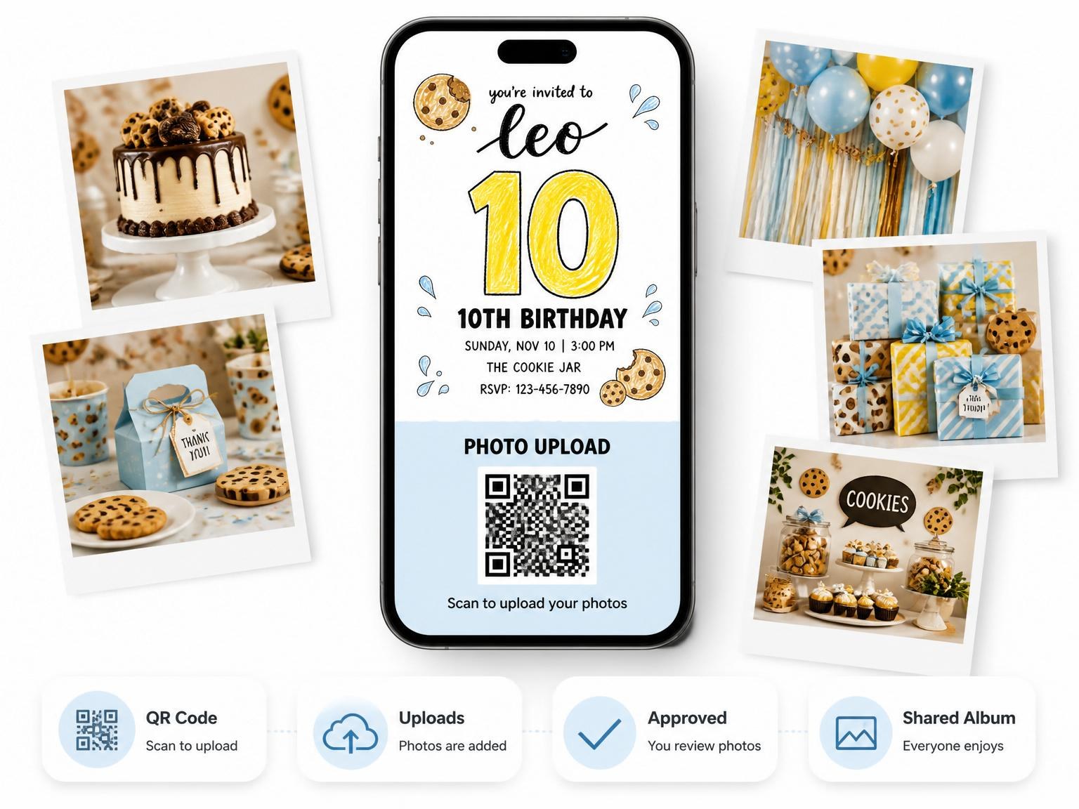 The shared photo gallery that comes with the Crayon Milk and Cookie 10th Birthday invitation