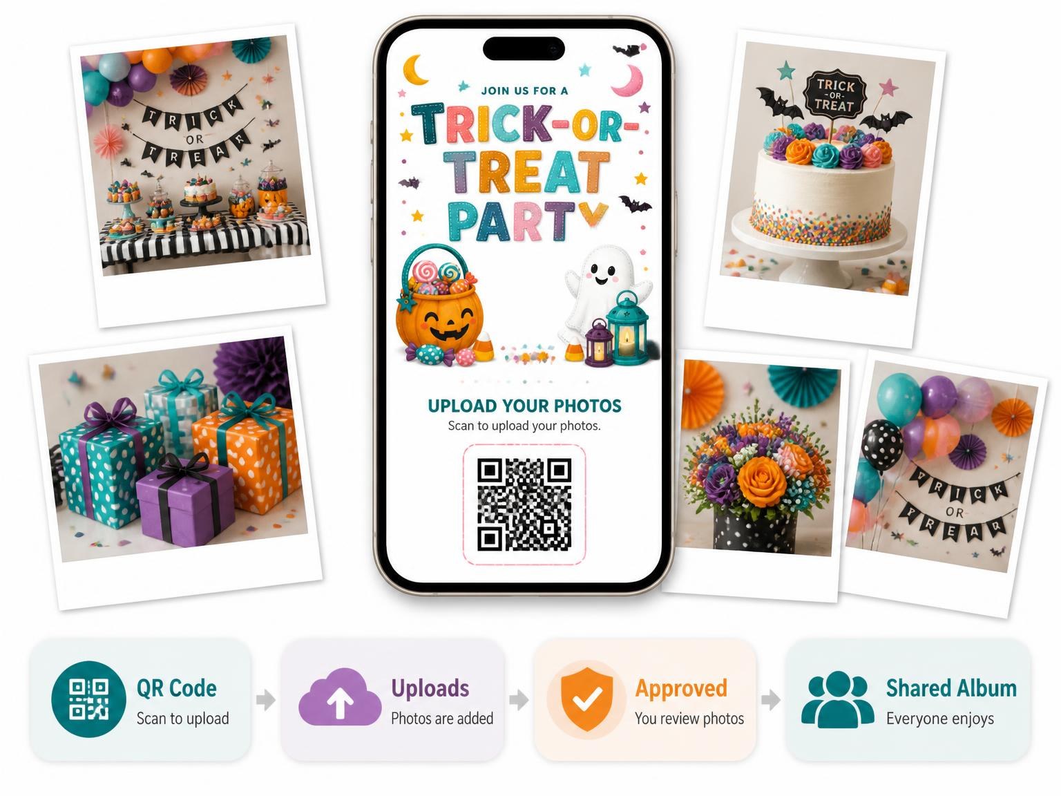 The shared photo gallery that comes with the Pumpkin Treat Halloween Party Invitation invitation