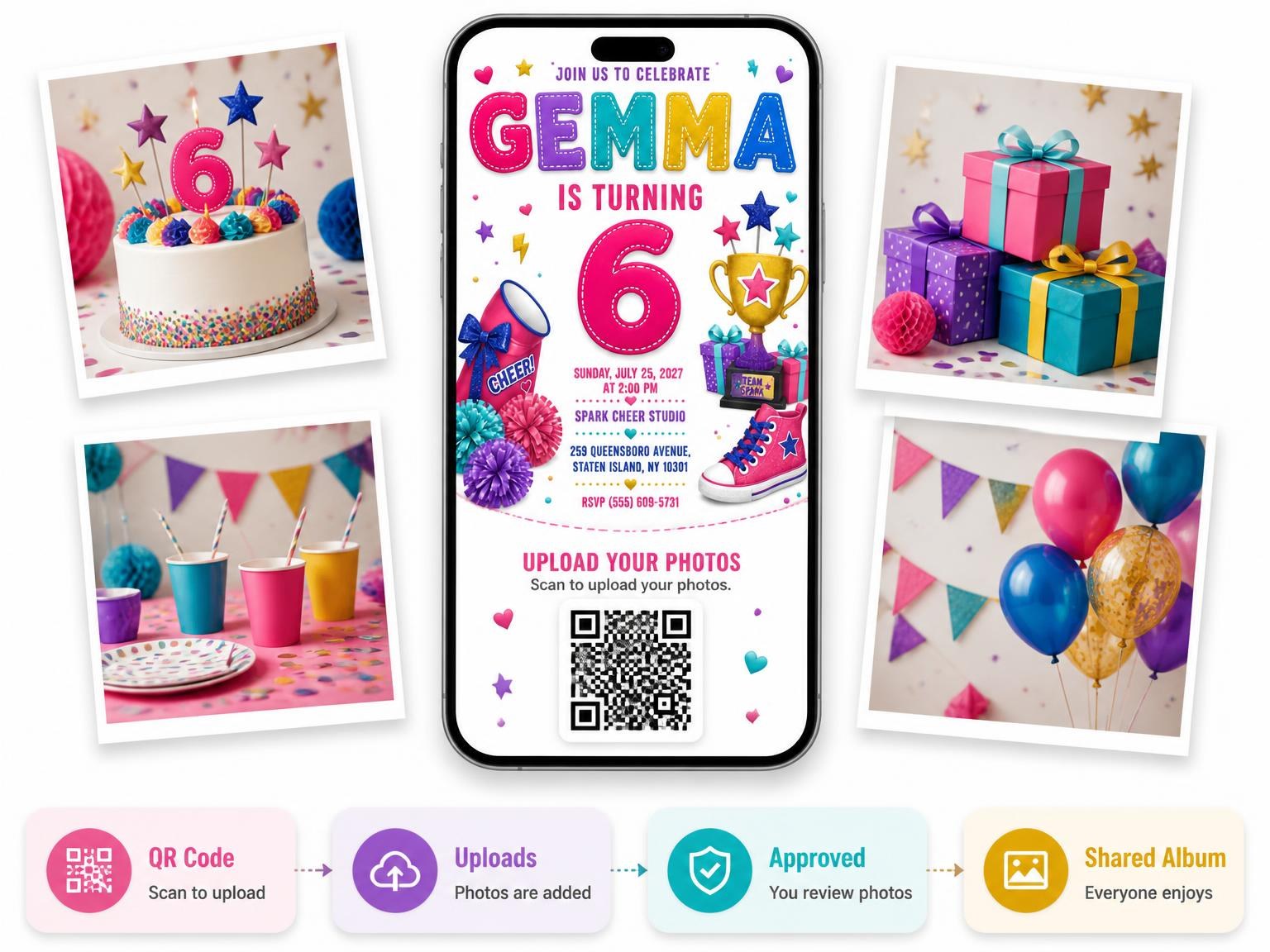The shared photo gallery that comes with the Stitched Cheer Squad 6th Birthday Invitation invitation
