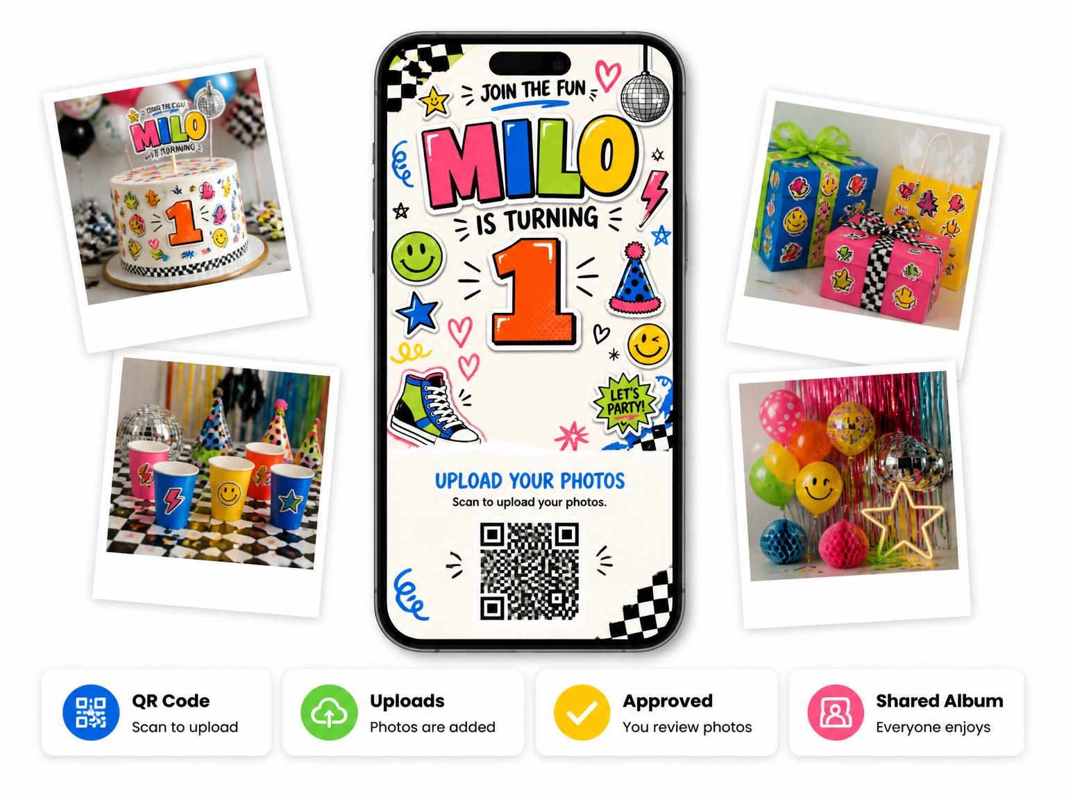 The shared photo gallery that comes with the Sticker Pop 1st Birthday Invitation invitation