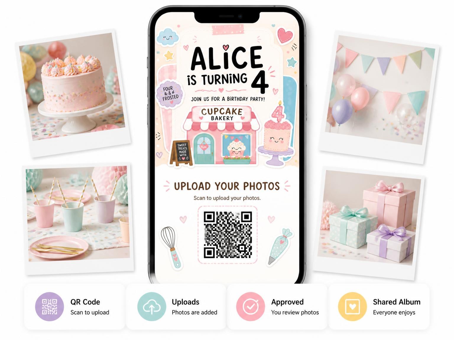 The shared photo gallery that comes with the Bakery Storefront 4th Birthday Invitation invitation