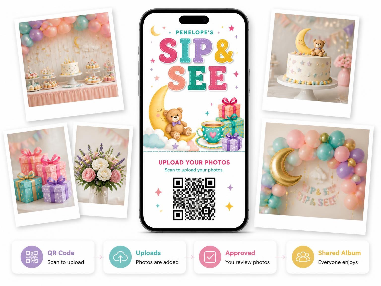 The shared photo gallery that comes with the Teacup And Moon Sip & See Invitation invitation