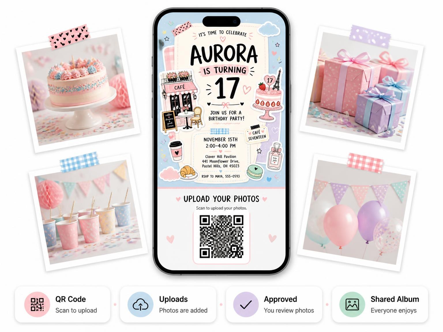 The shared photo gallery that comes with the Cafe Storefront Pastel 17th Birthday Invitation invitation