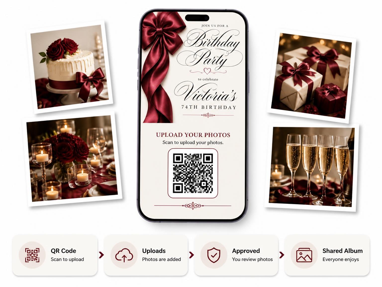 The shared photo gallery that comes with the Burgundy Satin Bow 74th Birthday Invitation invitation