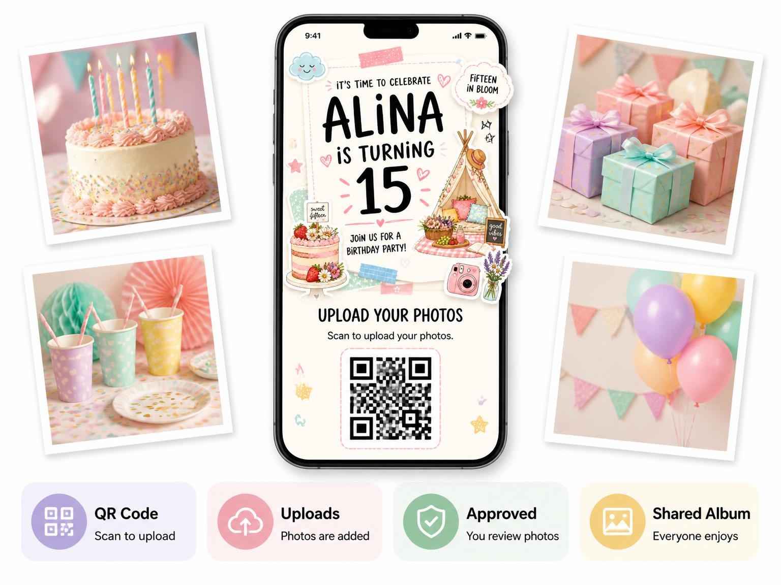 The shared photo gallery that comes with the Pastel Boho Picnic 15th Birthday Invitation invitation