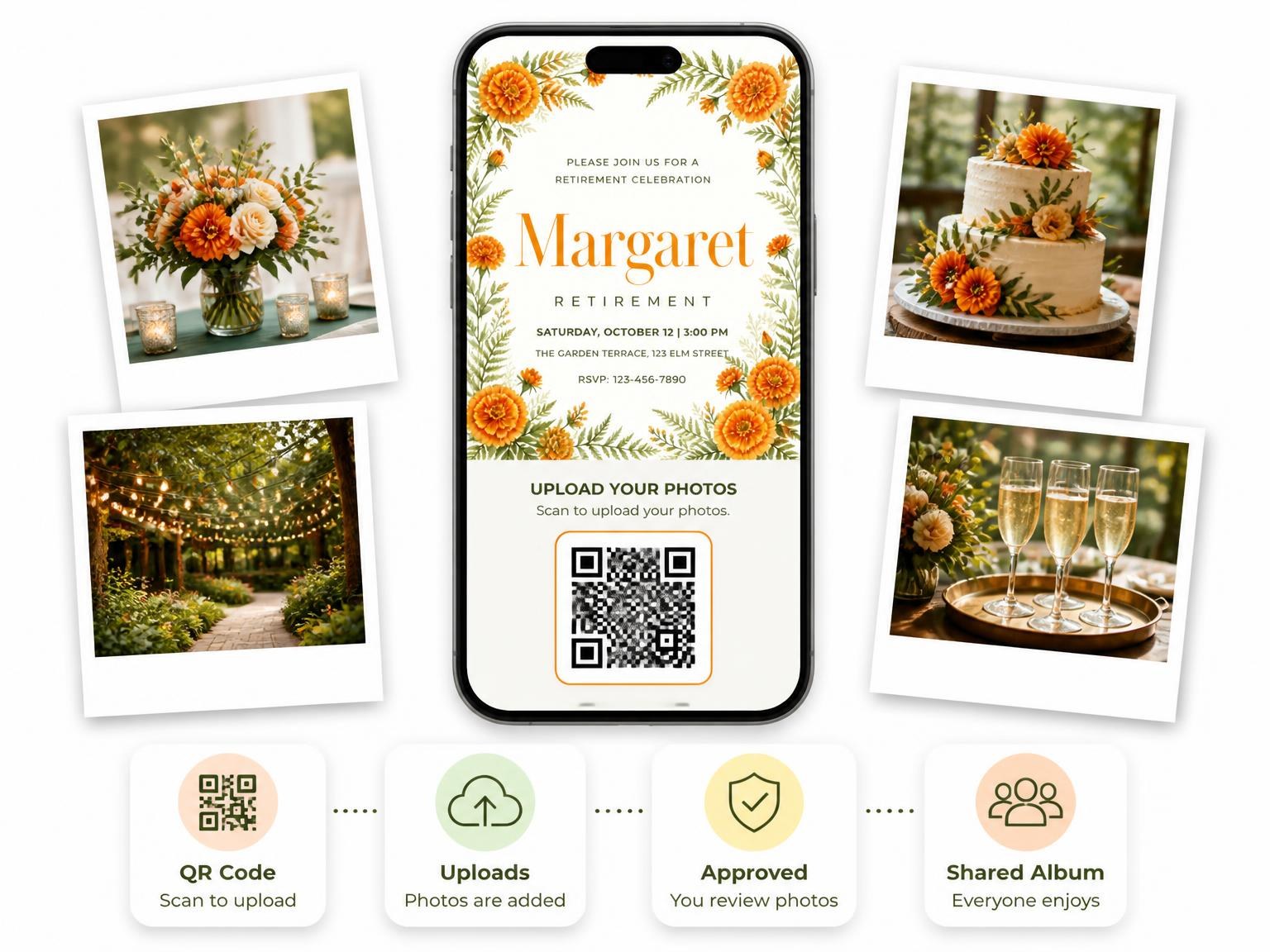 The shared photo gallery that comes with the Marigold Ferns Retirement Celebration Invitation invitation
