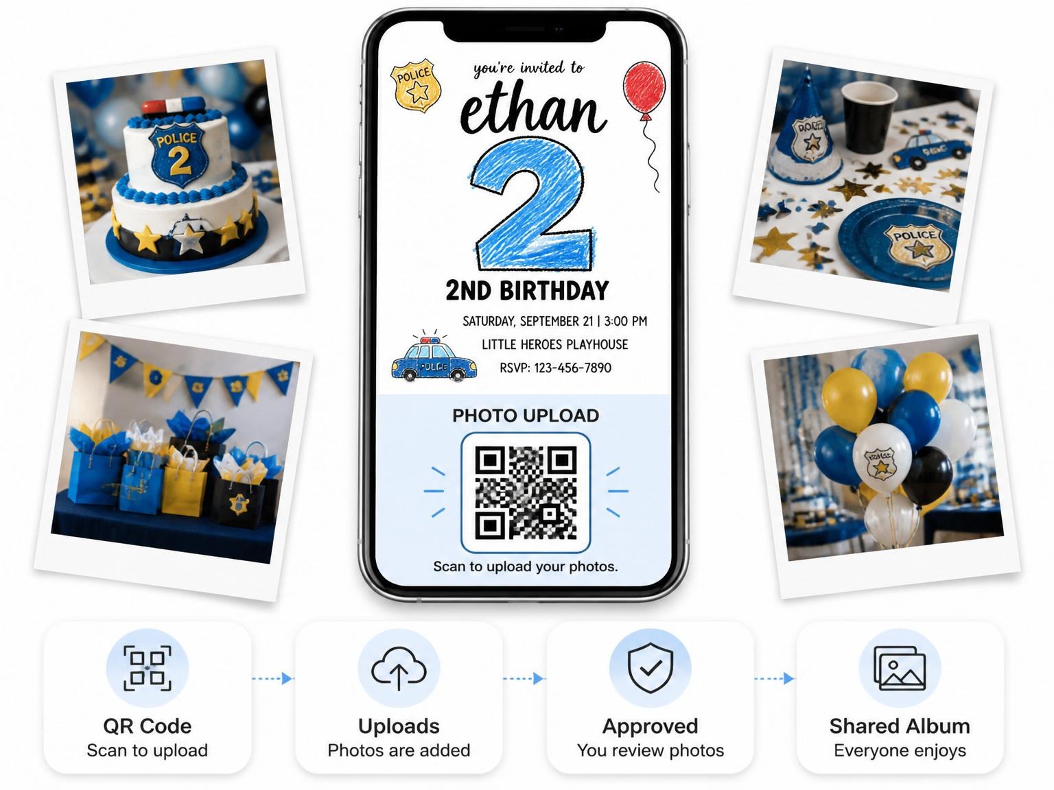 The shared photo gallery that comes with the Crayon Police Badge 2nd Birthday invitation