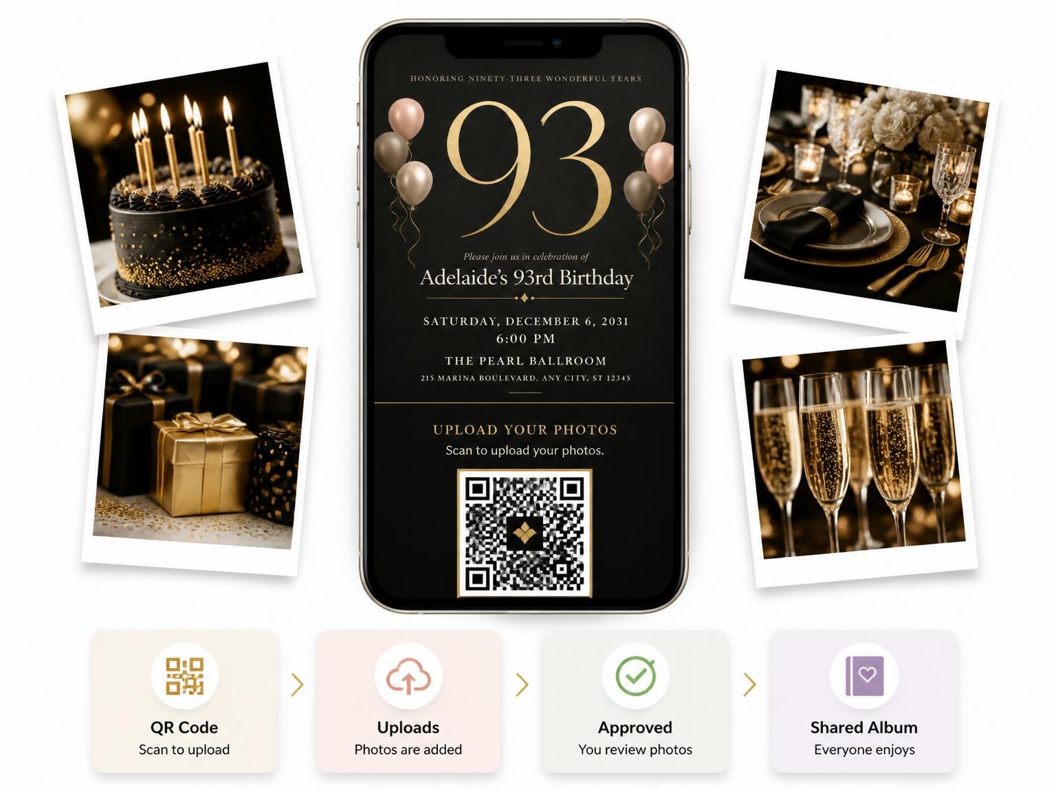 The shared photo gallery that comes with the Charcoal and Blush 93rd Birthday Invitation invitation