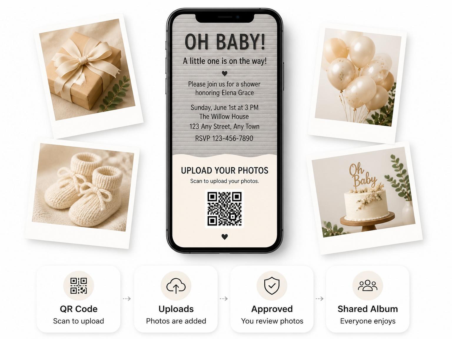 The shared photo gallery that comes with the Grey Felt Board Baby Shower invitation